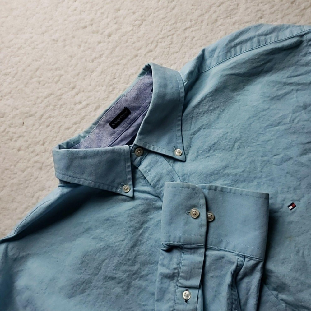 Tommy Hilfiger Shirt Mens 2XL Blue Solid Heritage Oxford Long Sleeve Button-Down